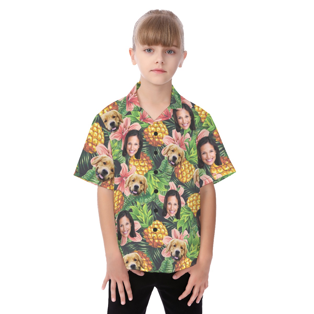 Custom Face And Pet Floral Hawaiian Shirt For Kids - variant image 1