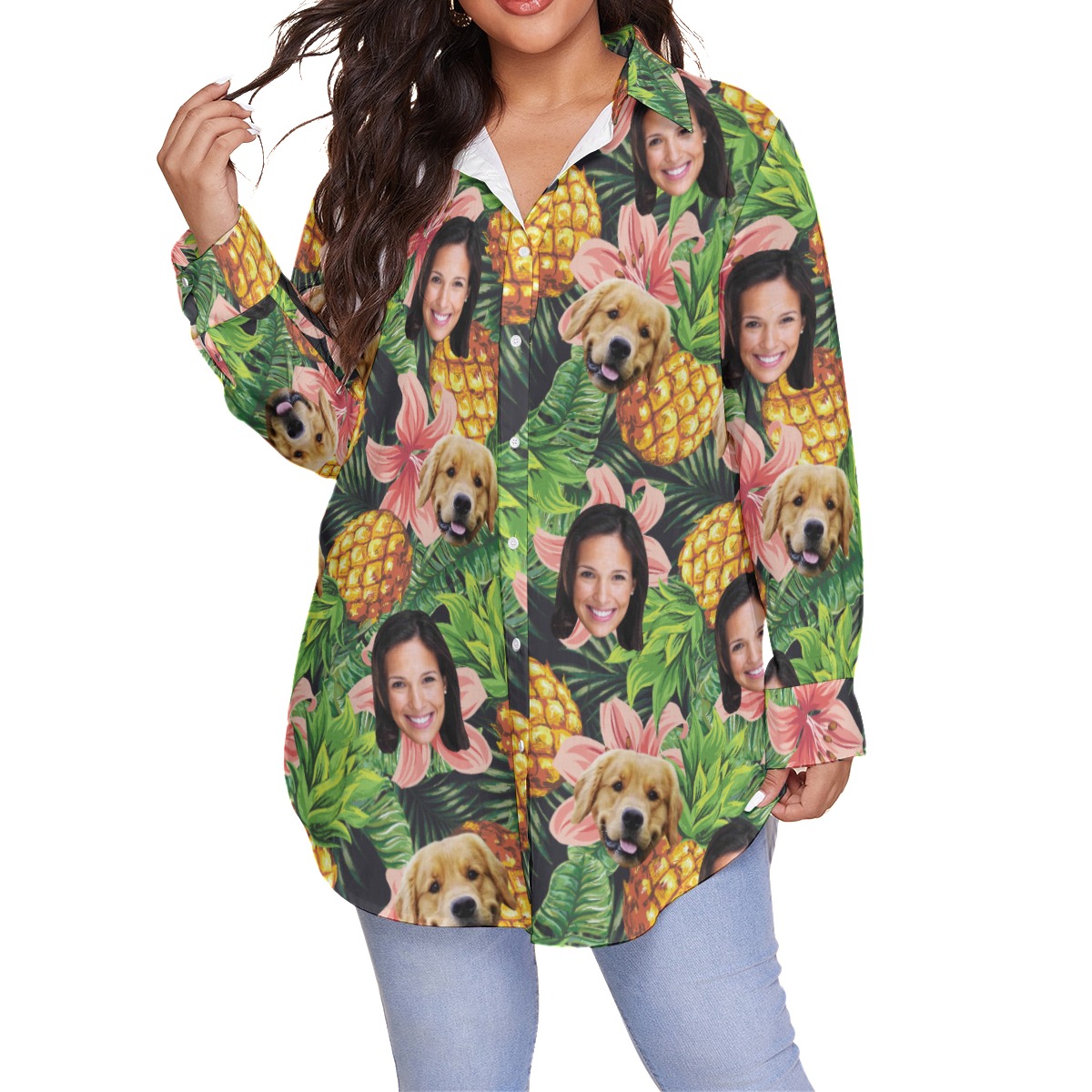 Women's Custom Face And Dog Floral Plus Size Hawaiian Shirt - variant image 1