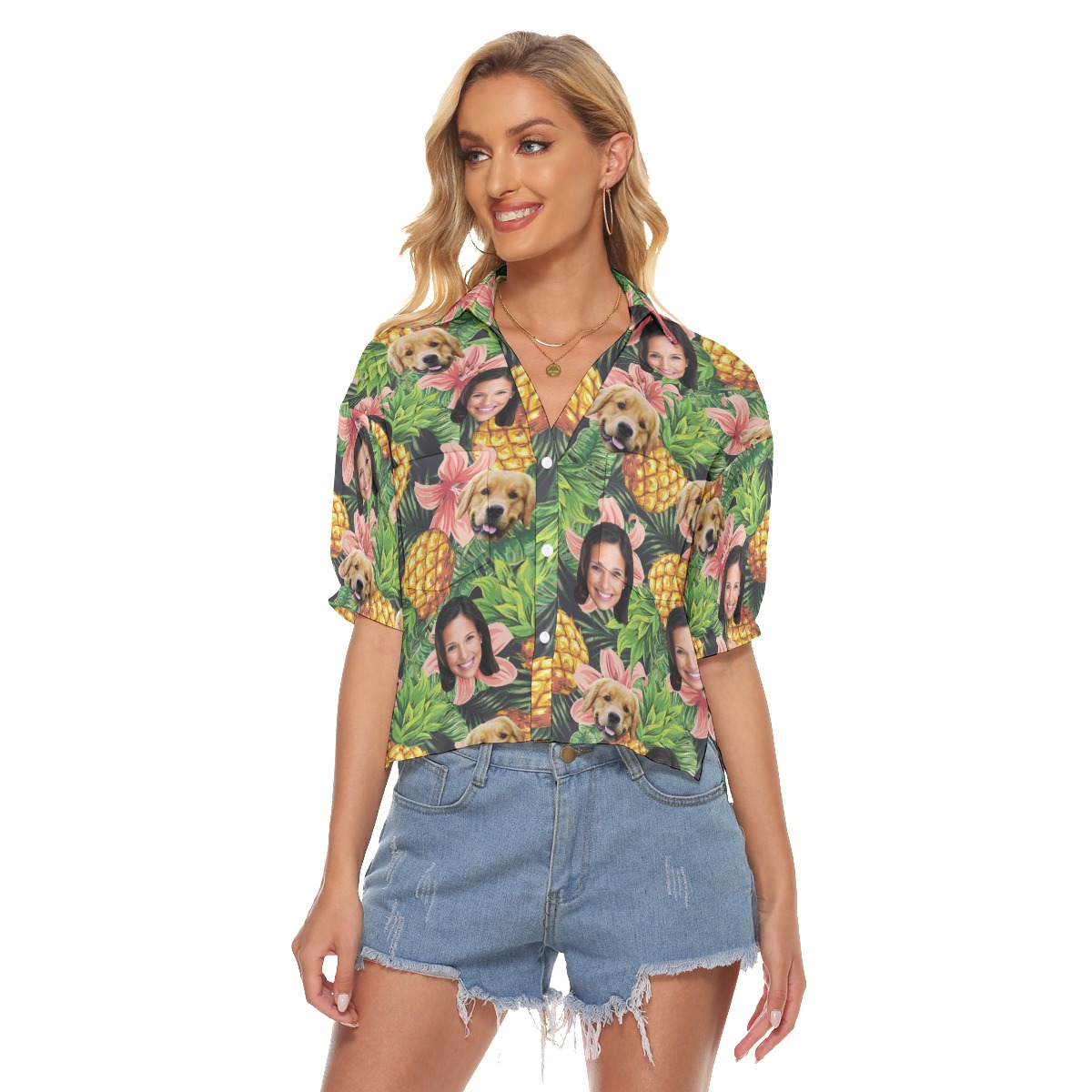 Face And Dog Custom Hawaiian Crop Top Shirt - variant image 1