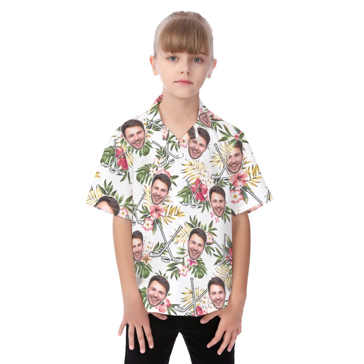 Cute Custom Face Hockey Hibicus Hawaiian Shirt For Kids - variant image 1