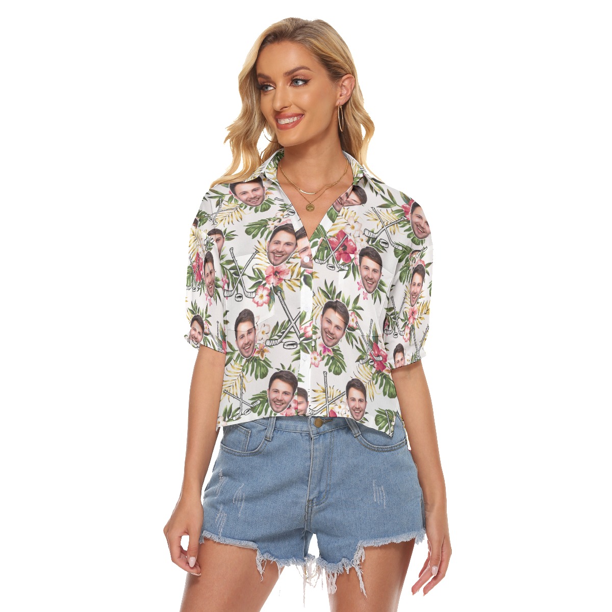 Custom Hibicus Hockey Hawaiian Crop Top Shirt With Face - variant image 1