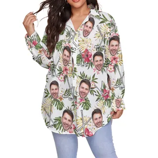 Funny Custom Face Hockey Hibicus Hawaiian Plus Size Shirt For Women
