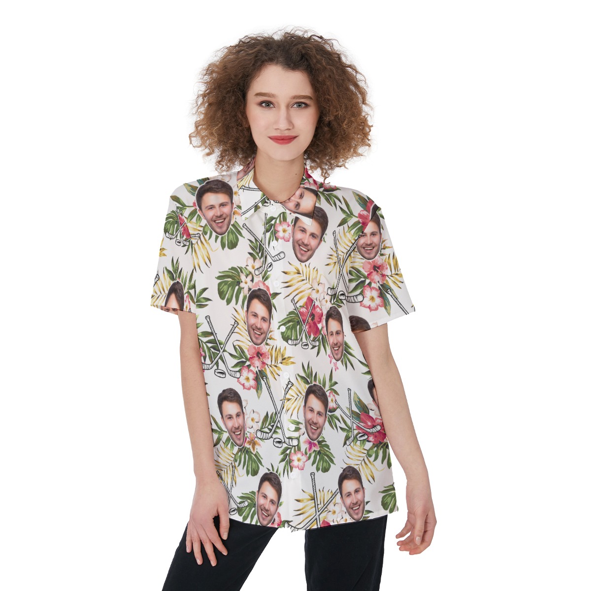 Customized Floral Hockey Women's Hawaiian Shirt With Face - variant image 1