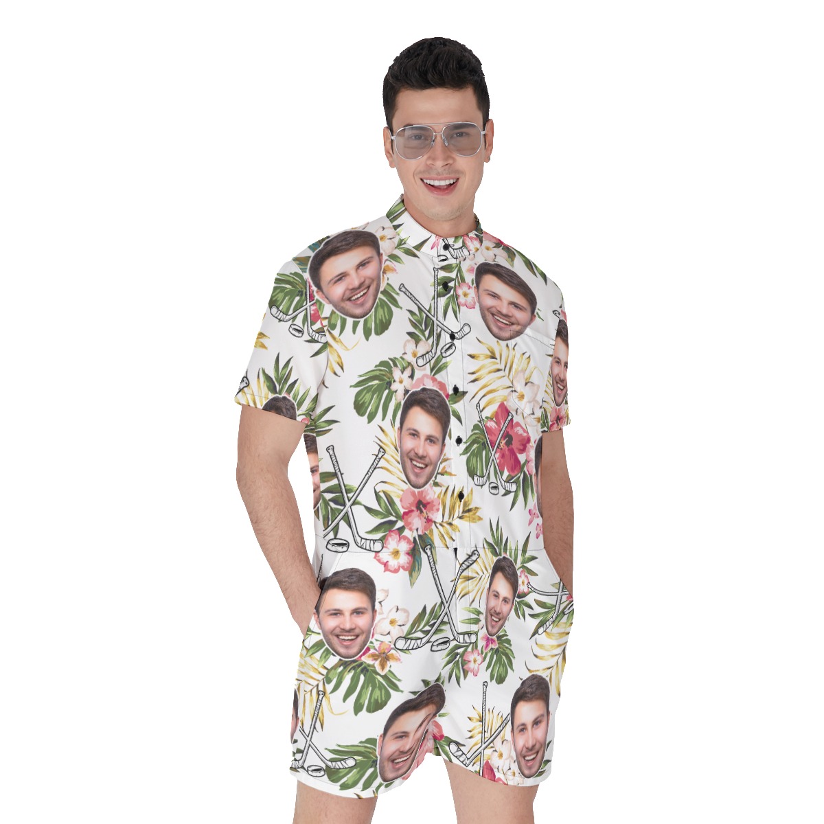 Custom Face Hockey Hibicus Hawaiian Romper For Men - variant image 1