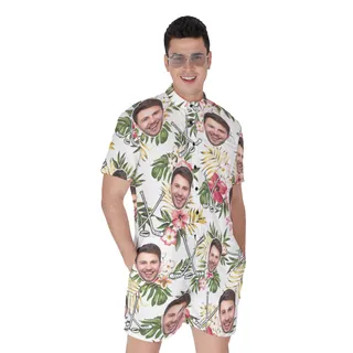 Custom Face Hockey Hibicus Hawaiian Romper For Men