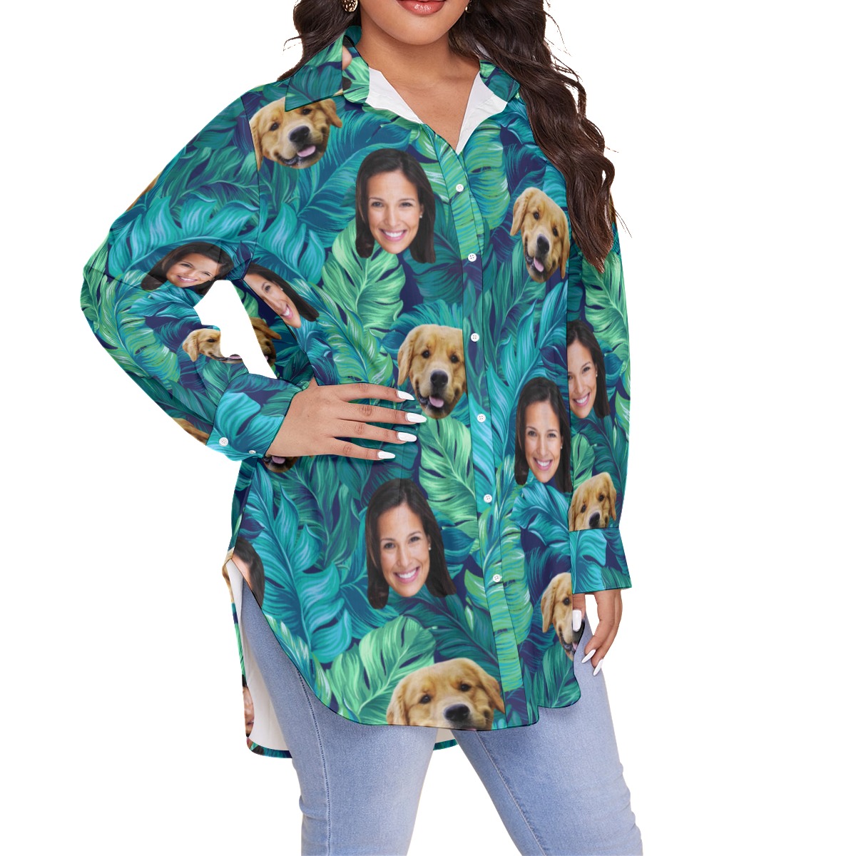 Women's Funny Face And Dog Custom Hawaiian Plus Size Shirt