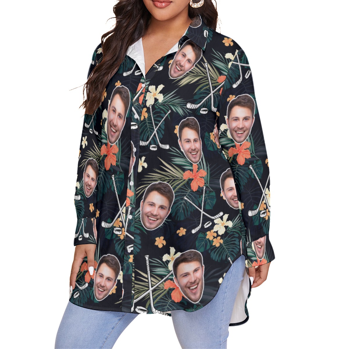 Personalized Floral Hockey Hawaiian Oversized Shirt With Face
