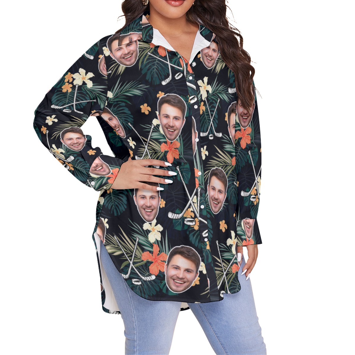Personalized Floral Hockey Hawaiian Oversized Shirt With Face