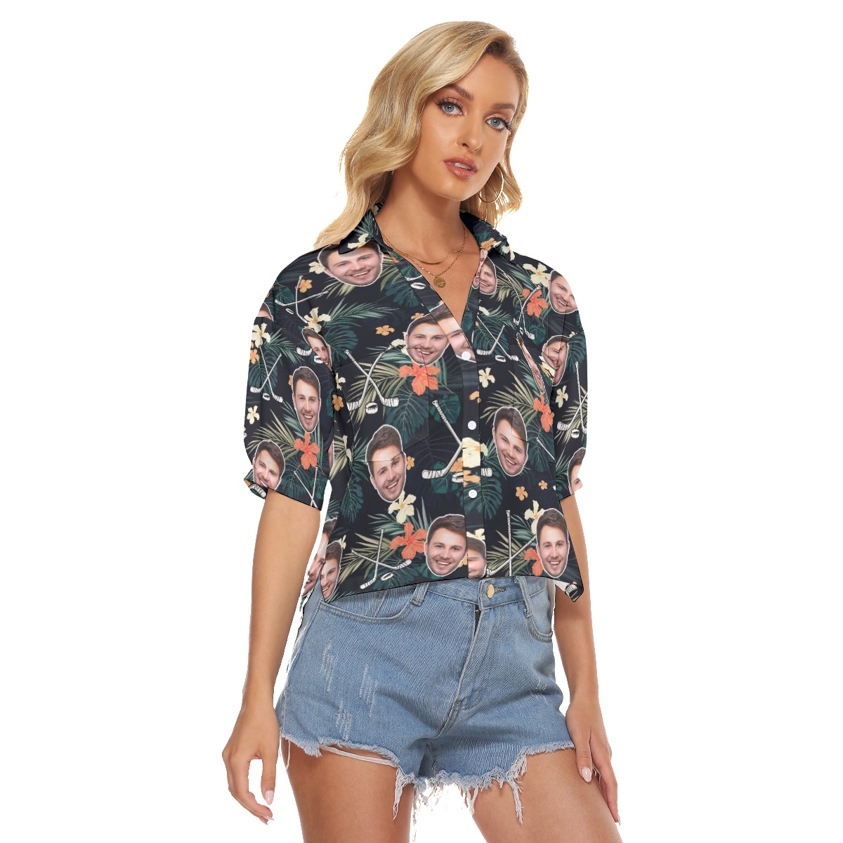 Tropical Hibicus Hockey Custom Face Hawaiian Cropped Shirt For Women