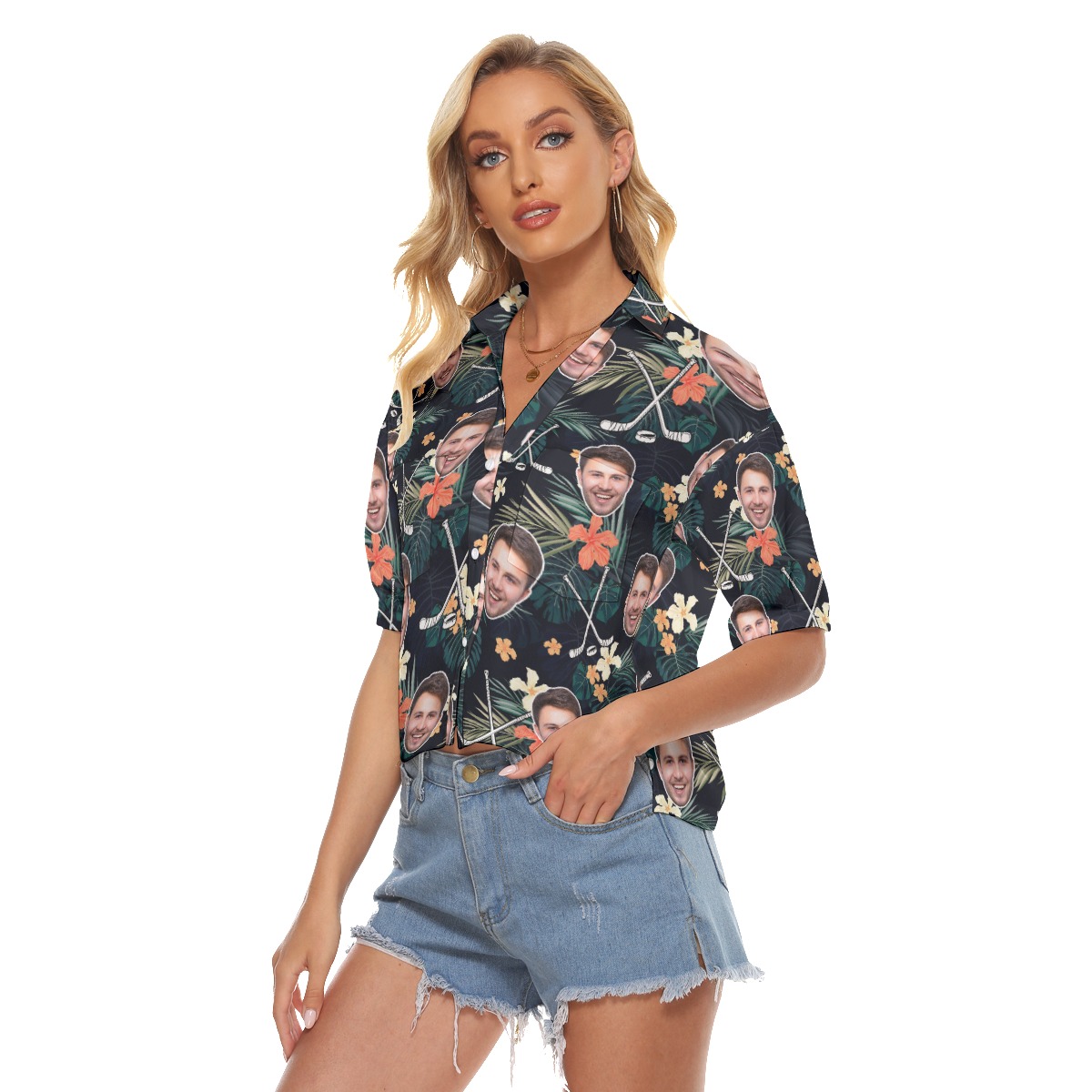 Tropical Hibicus Hockey Custom Face Hawaiian Cropped Shirt For Women