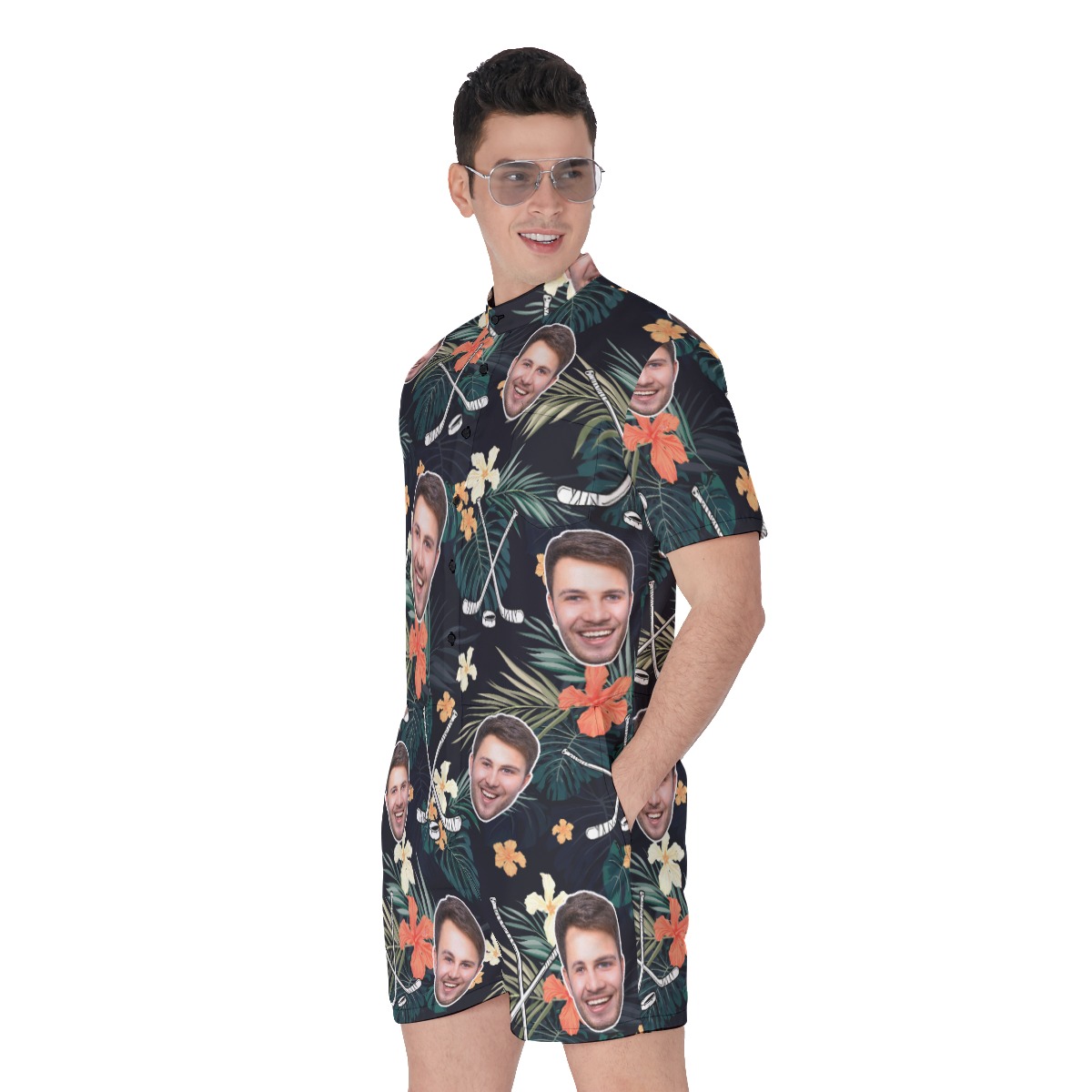 Customized Tropical Hockey Hawaiian Romper With Face