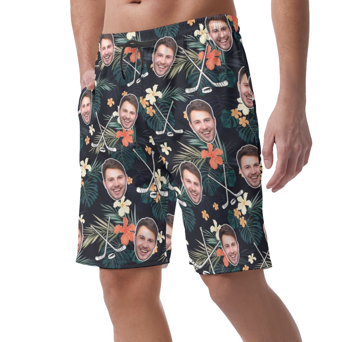 Funny Custom Face Tropical Hockey Hawaiian Beach Shorts For Men