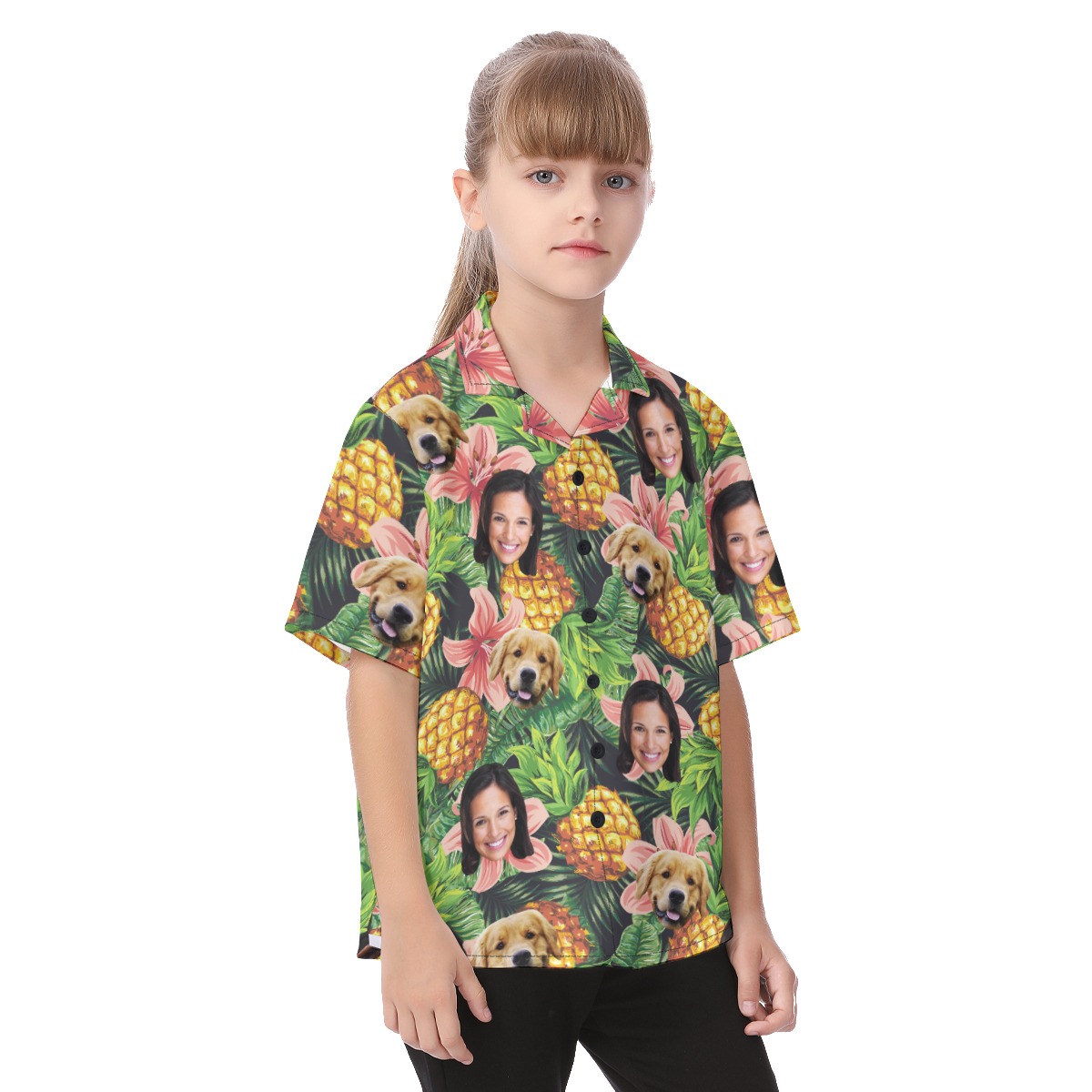 Custom Face And Pet Floral Hawaiian Shirt For Kids