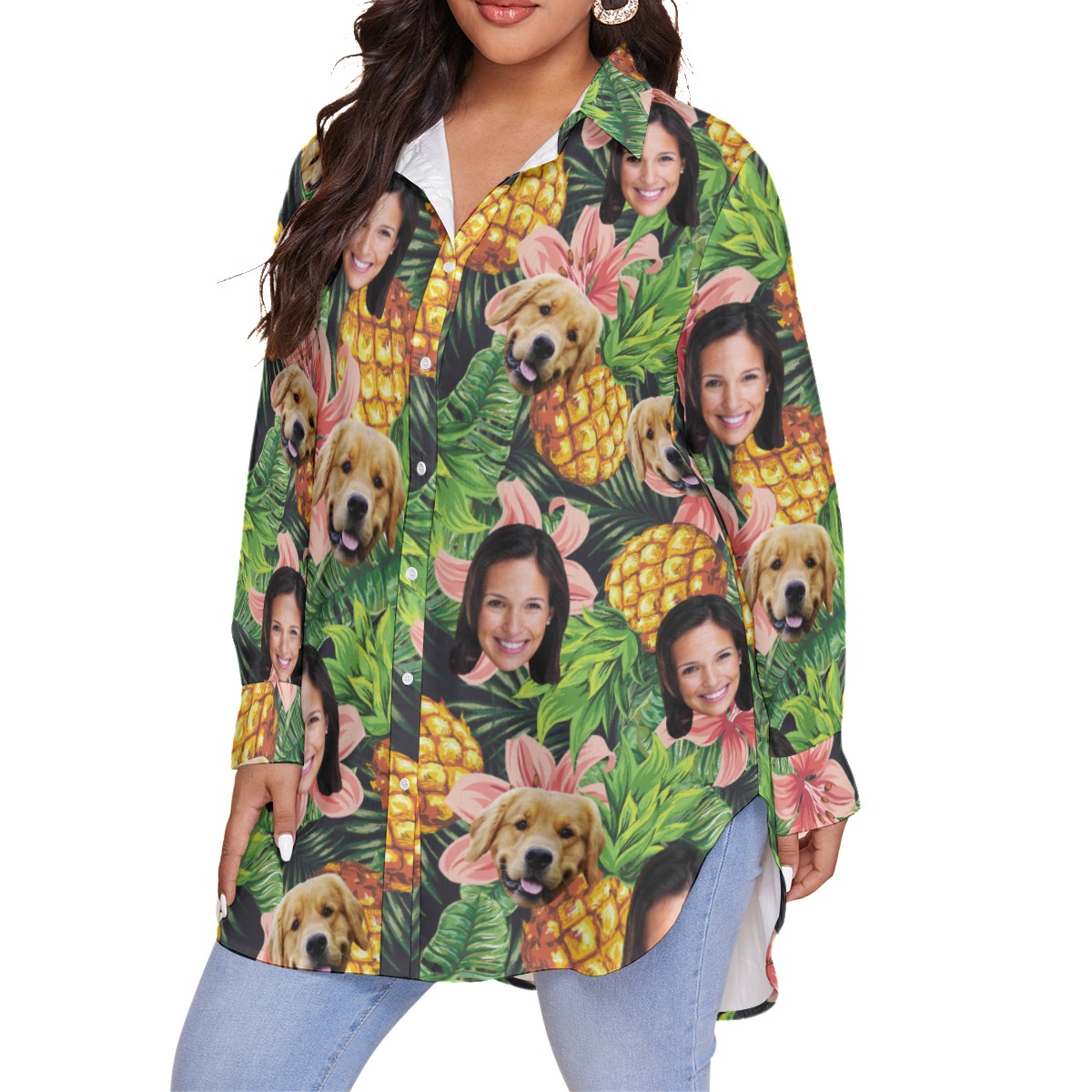 Women's Custom Face And Dog Floral Plus Size Hawaiian Shirt