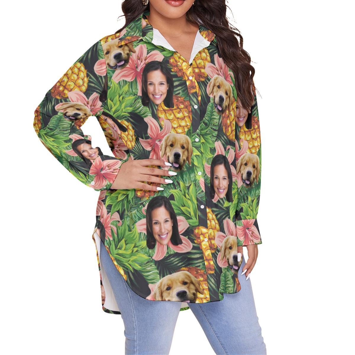 Women's Custom Face And Dog Floral Plus Size Hawaiian Shirt