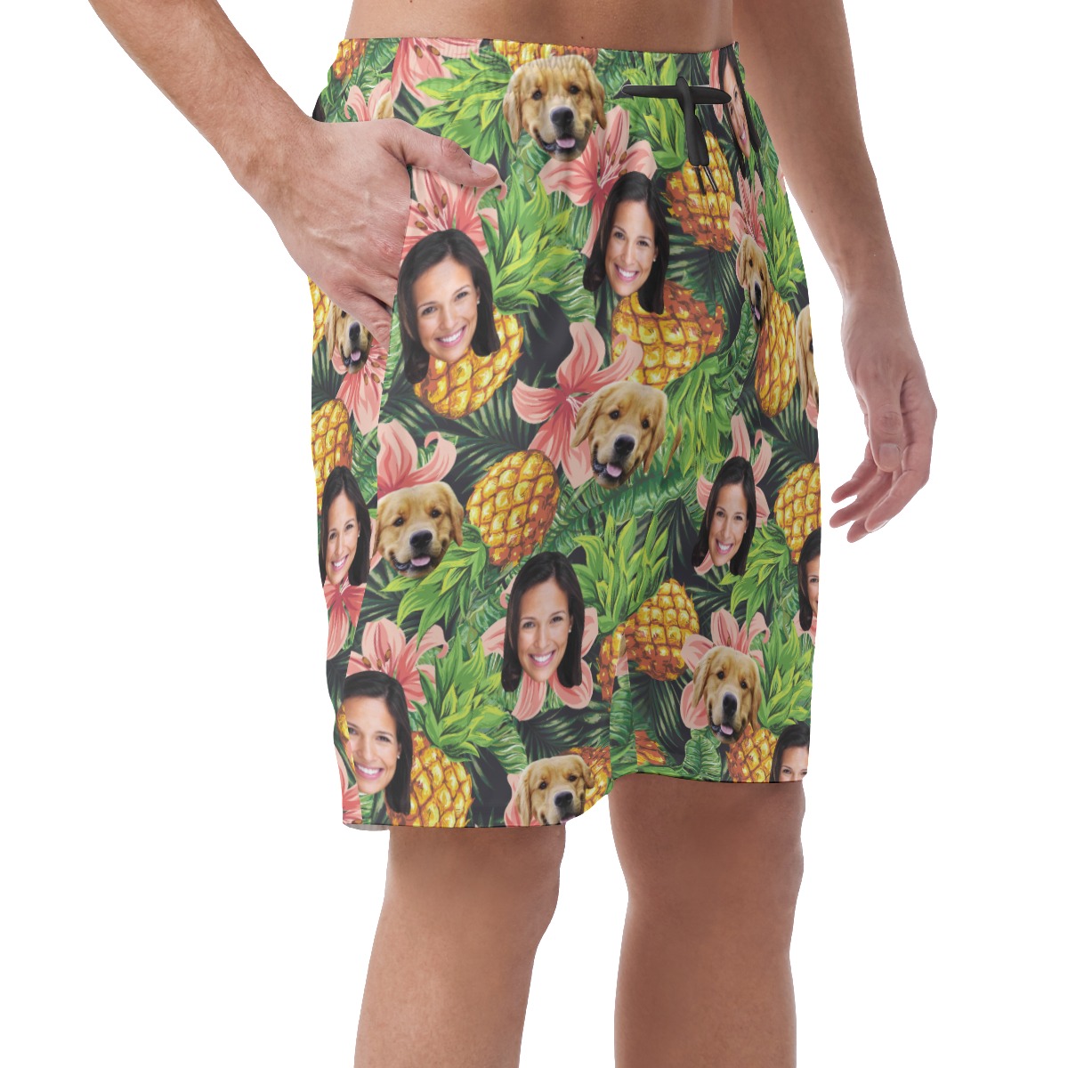 Men's Custom Dog And Owner Face Pineapple Hawaiian Shorts