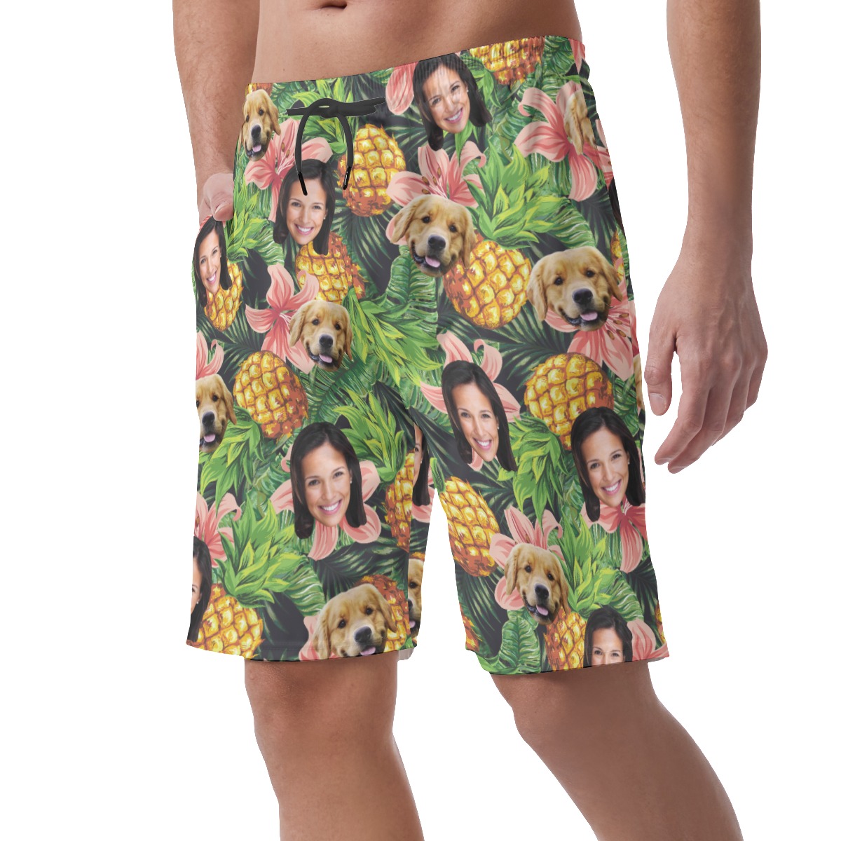Men's Custom Dog And Owner Face Pineapple Hawaiian Shorts