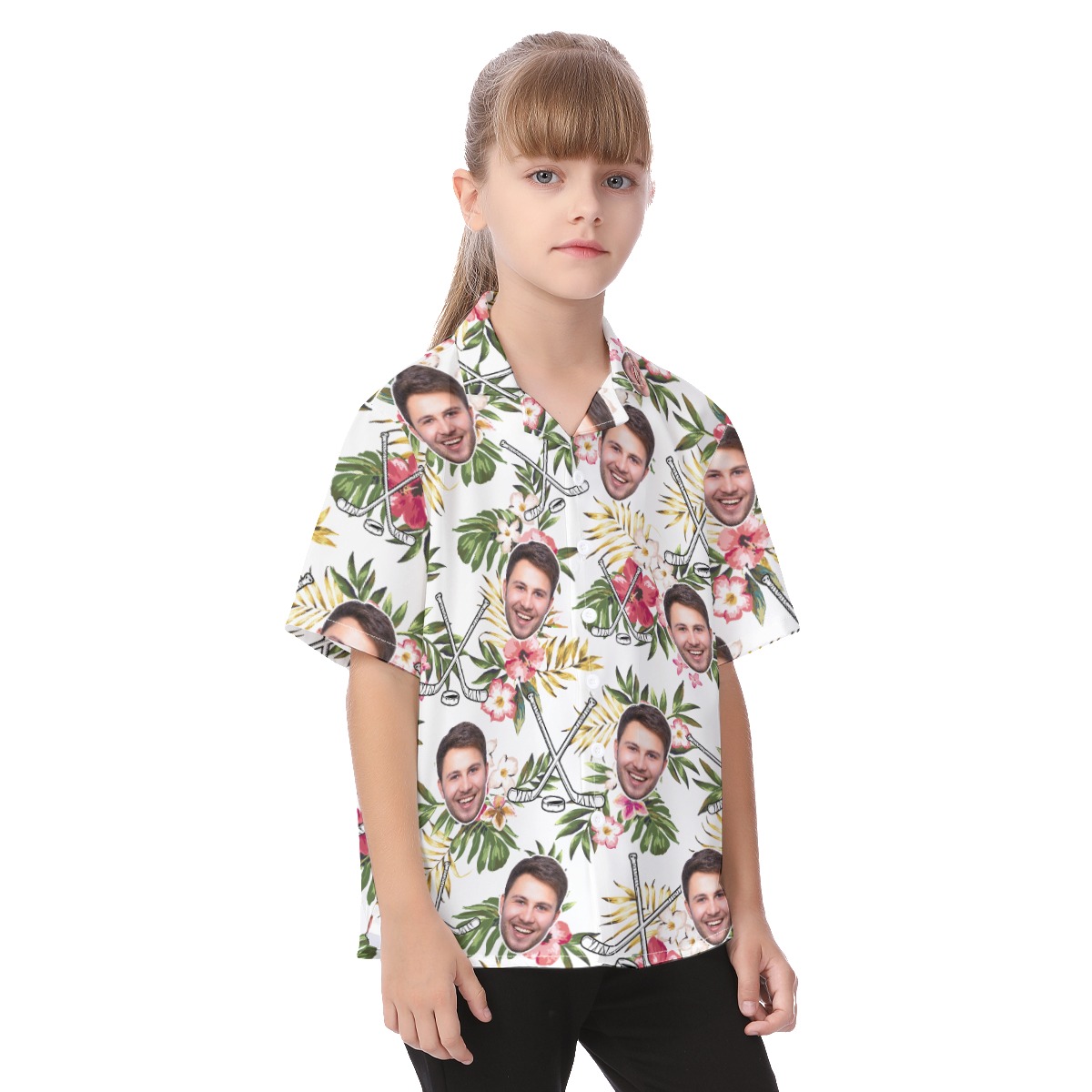 Cute Custom Face Hockey Hibicus Hawaiian Shirt For Kids