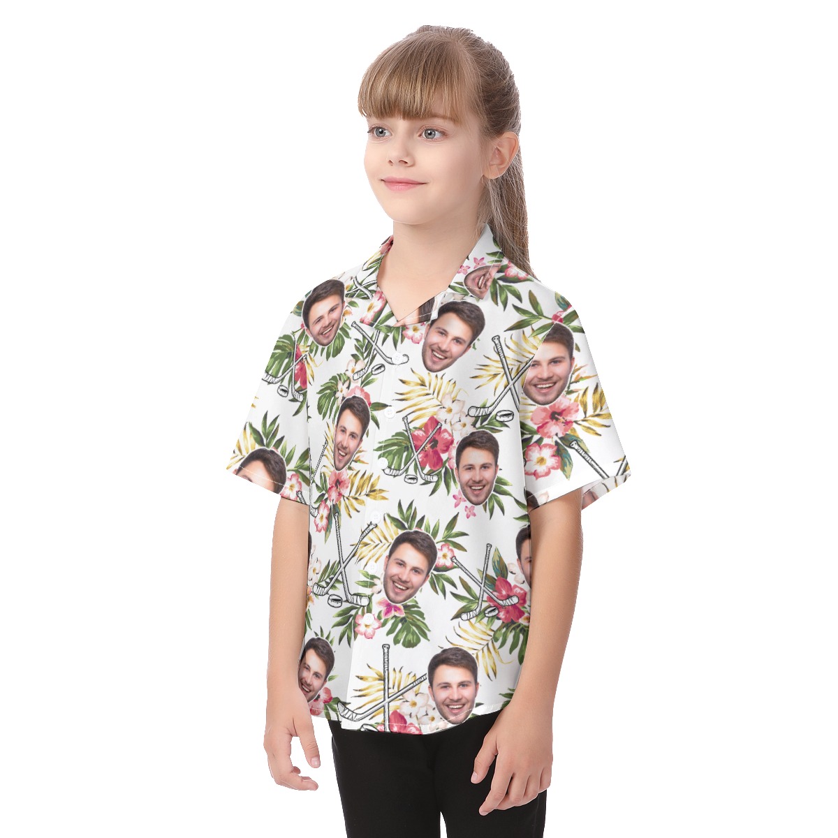 Cute Custom Face Hockey Hibicus Hawaiian Shirt For Kids