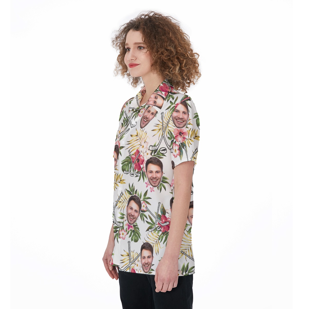 Customized Floral Hockey Women's Hawaiian Shirt With Face
