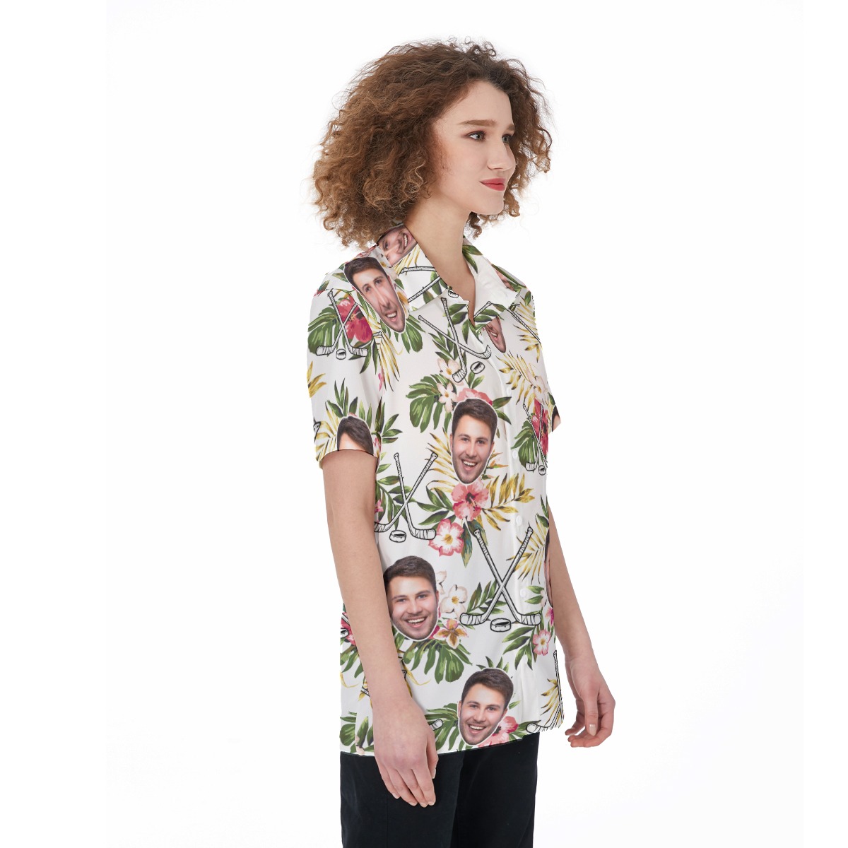 Customized Floral Hockey Women's Hawaiian Shirt With Face
