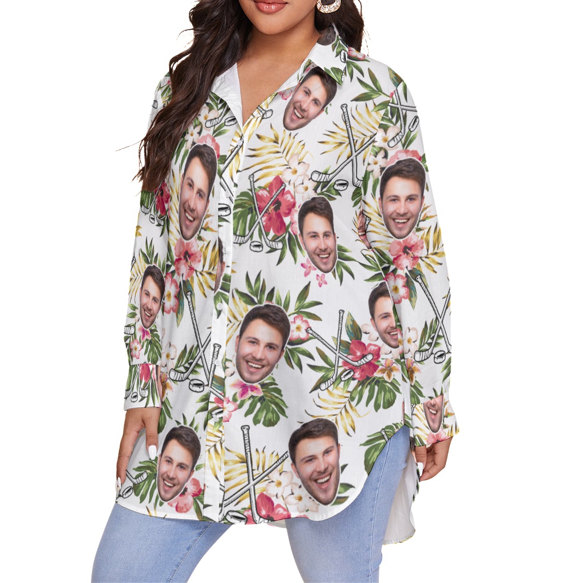 Funny Custom Face Hockey Hibicus Hawaiian Plus Size Shirt For Women