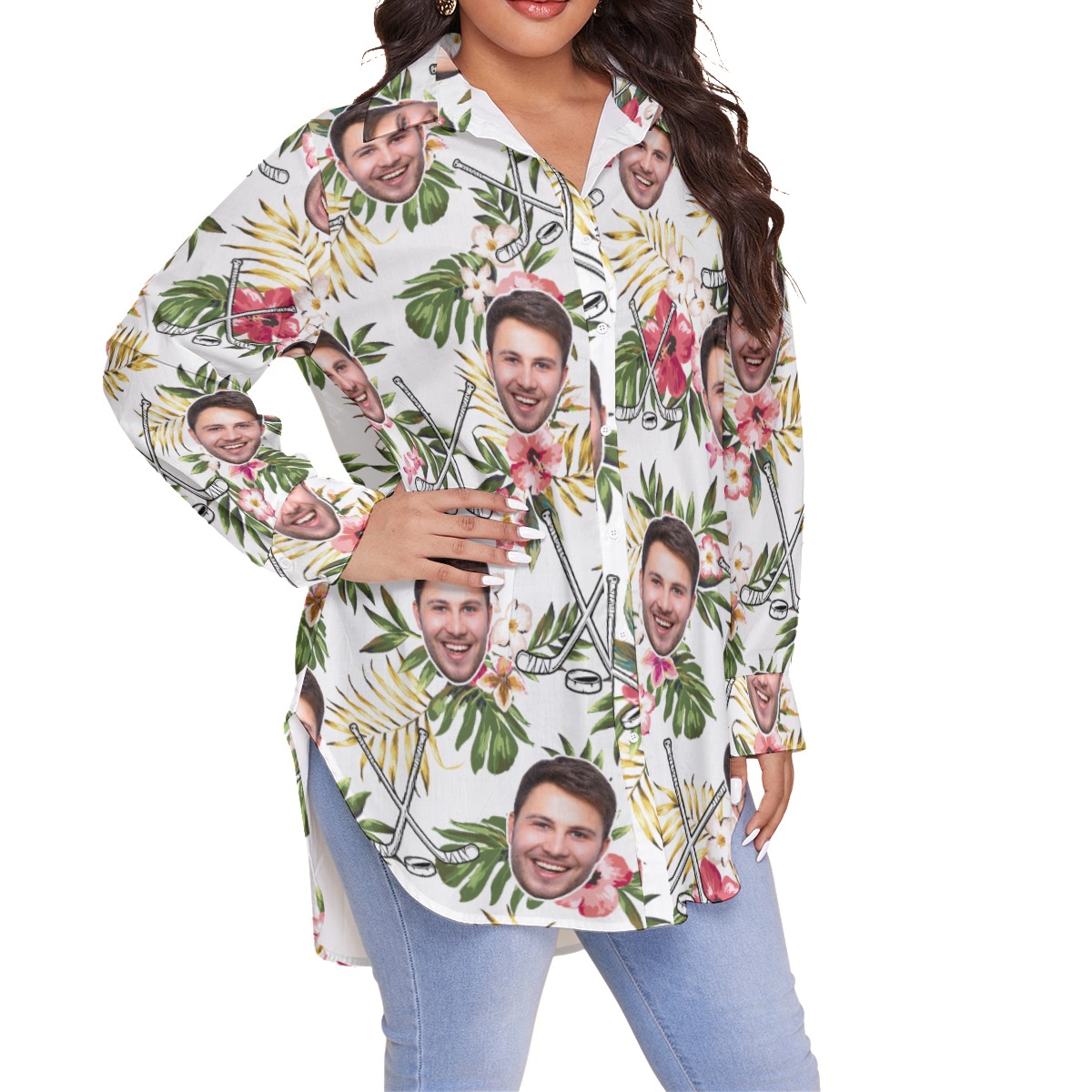 Funny Custom Face Hockey Hibicus Hawaiian Plus Size Shirt For Women