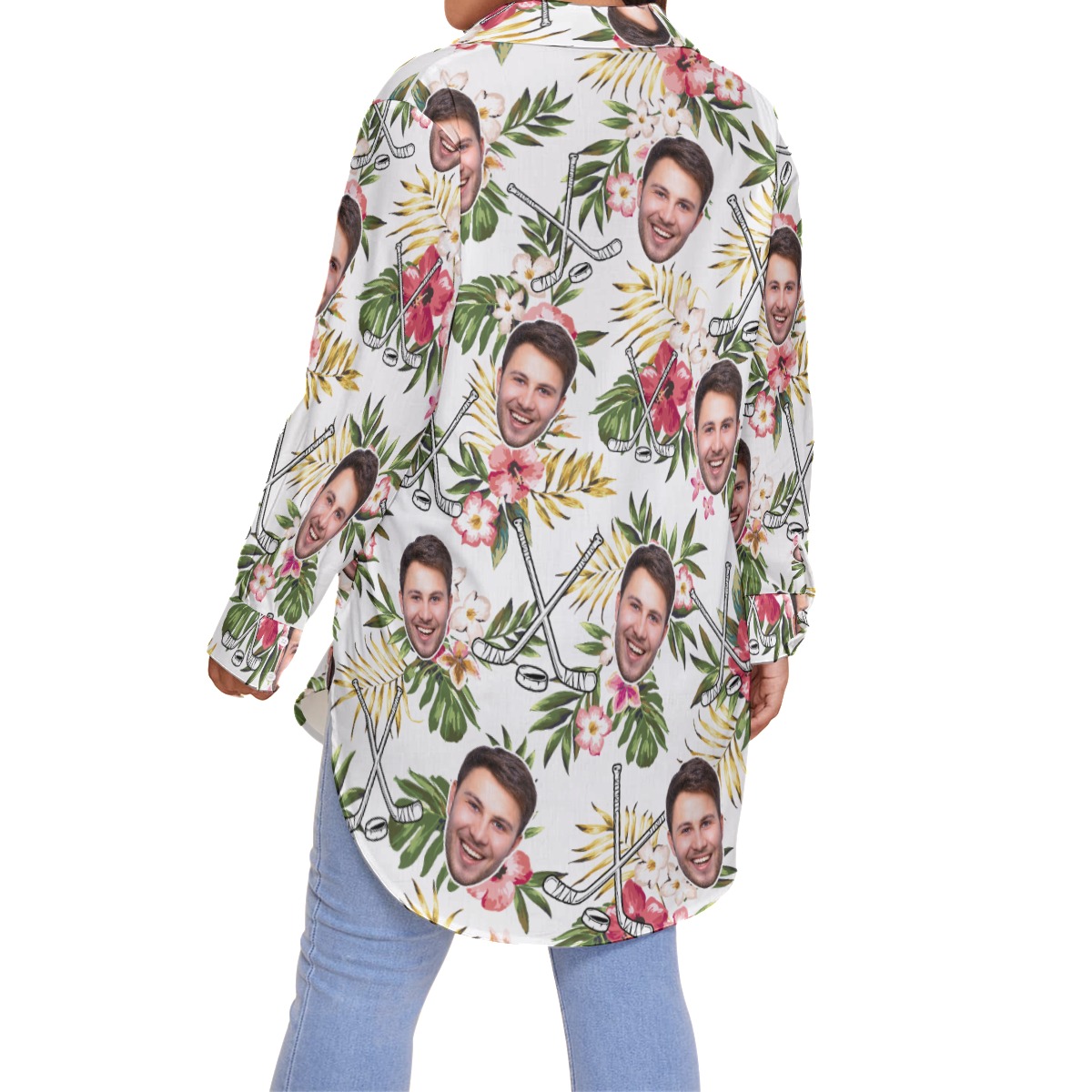 Funny Custom Face Hockey Hibicus Hawaiian Plus Size Shirt For Women