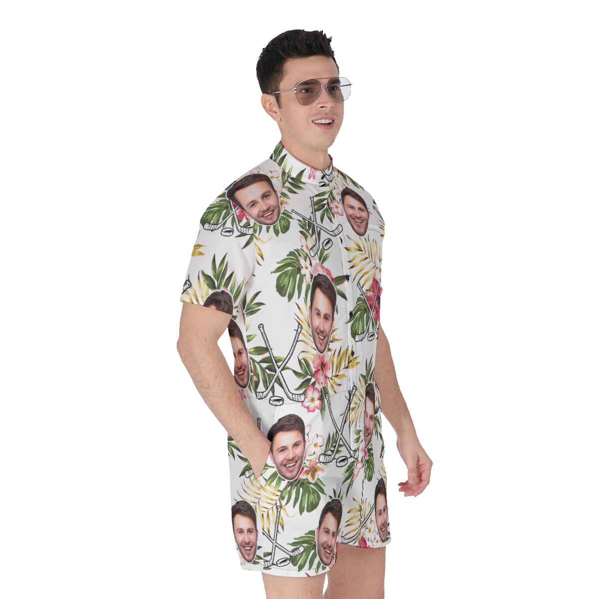 Custom Face Hockey Hibicus Hawaiian Romper For Men