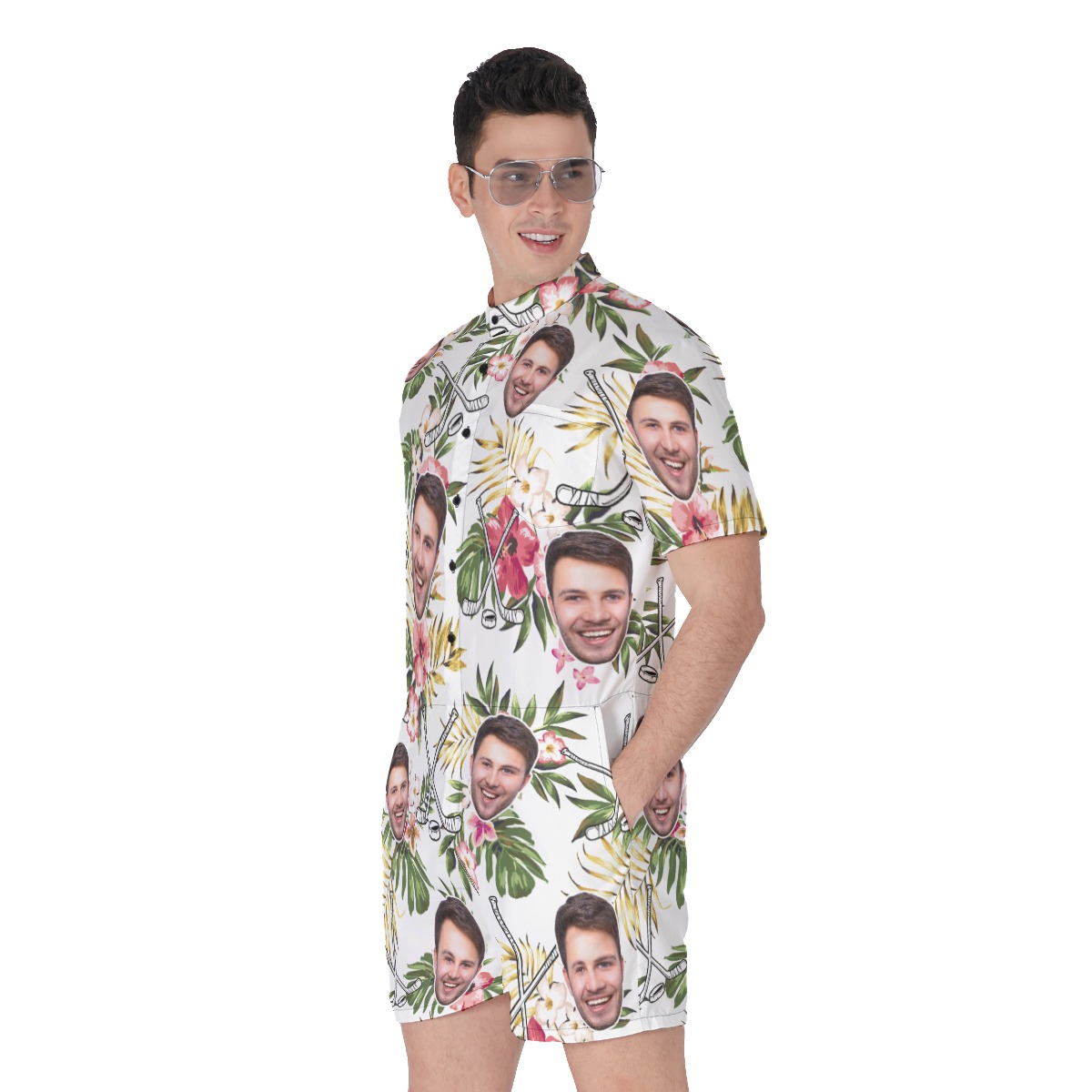 Custom Face Hockey Hibicus Hawaiian Romper For Men