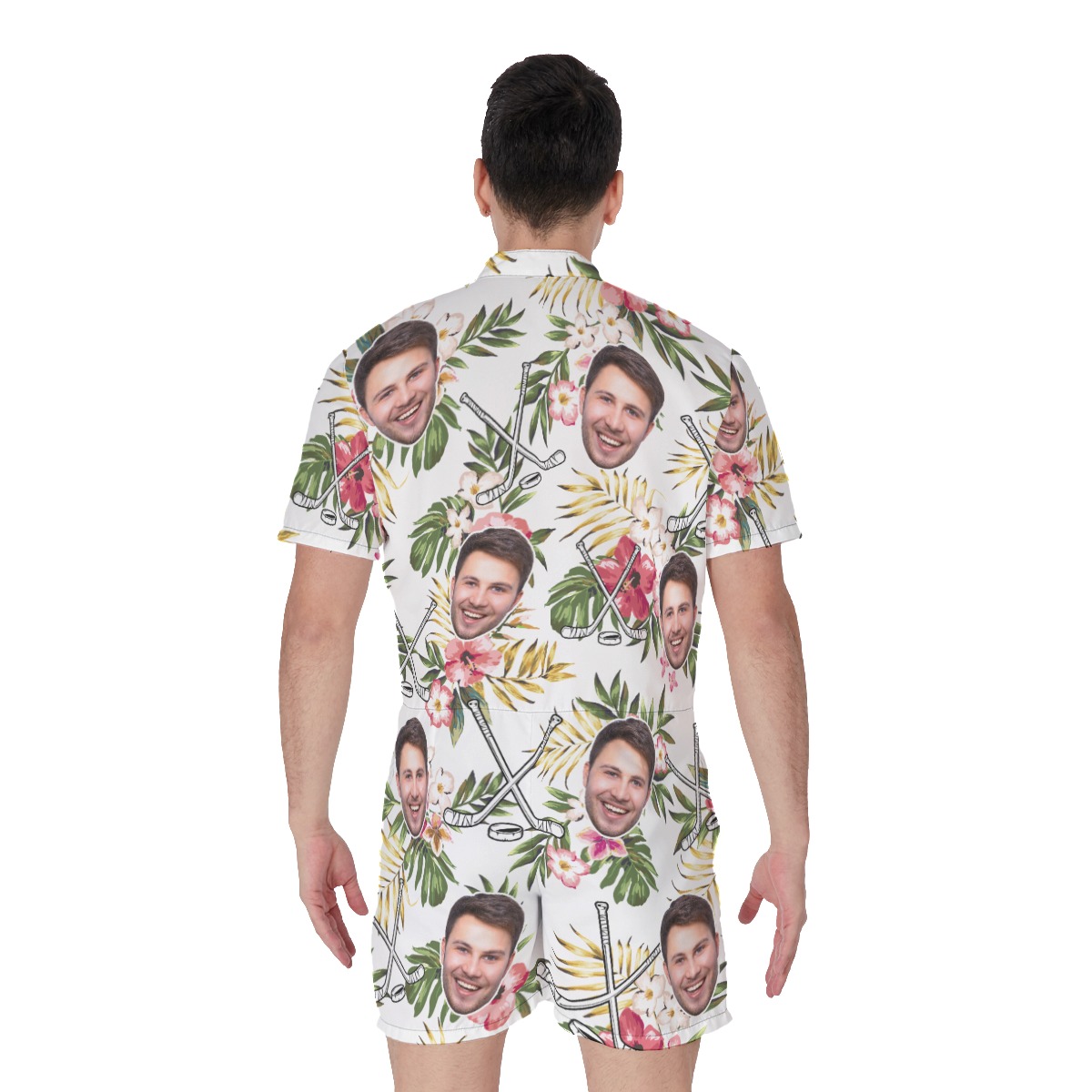 Custom Face Hockey Hibicus Hawaiian Romper For Men