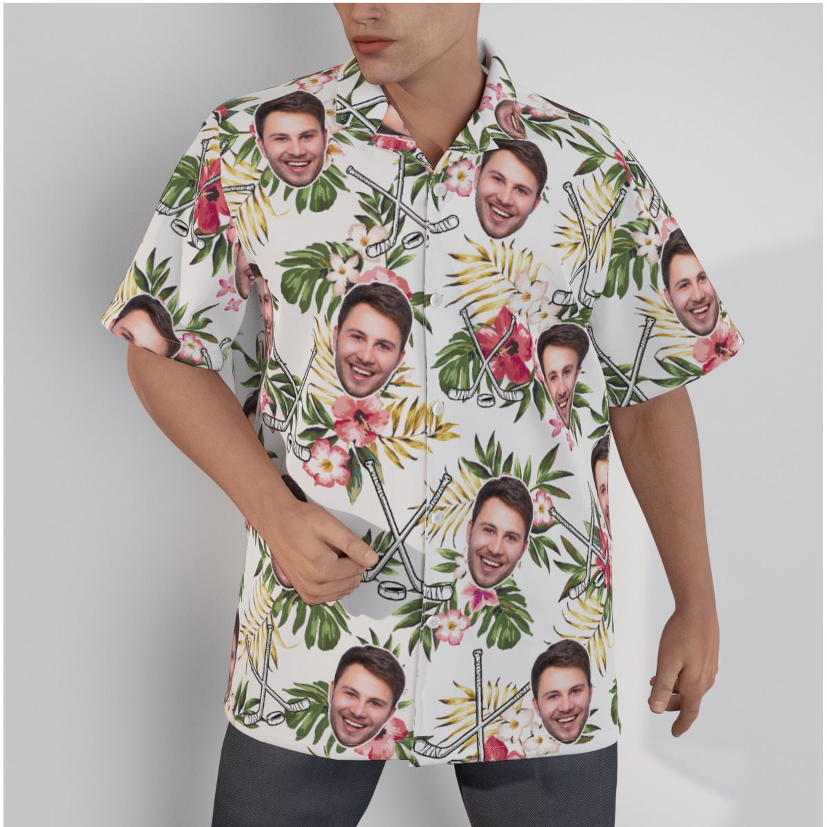 Floral Hockey Custom Face Men's Hawaiian Shirt - variant image 1