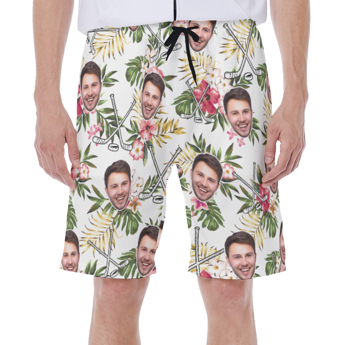 Funny Custom Face Floral Hockey Hawaiian Swim Trunks For Men - variant image 1