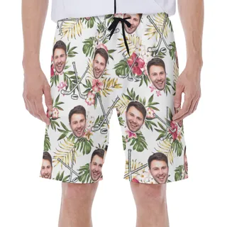 Funny Custom Face Floral Hockey Hawaiian Swim Trunks For Men