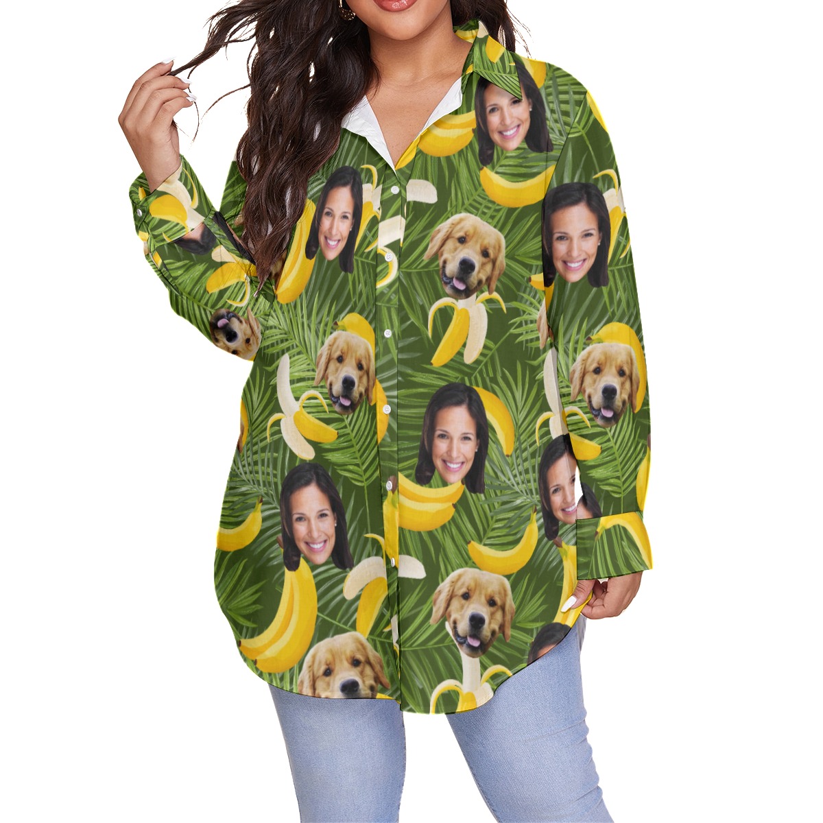 Women's Custom Face And Dog Banana Oversized Hawaiian Shirt - variant image 1