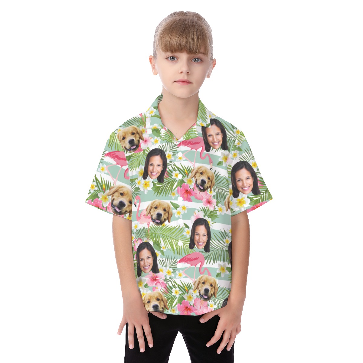 Custom Face And Pet Flamigo Hawaiian Shirt For Kids - variant image 1