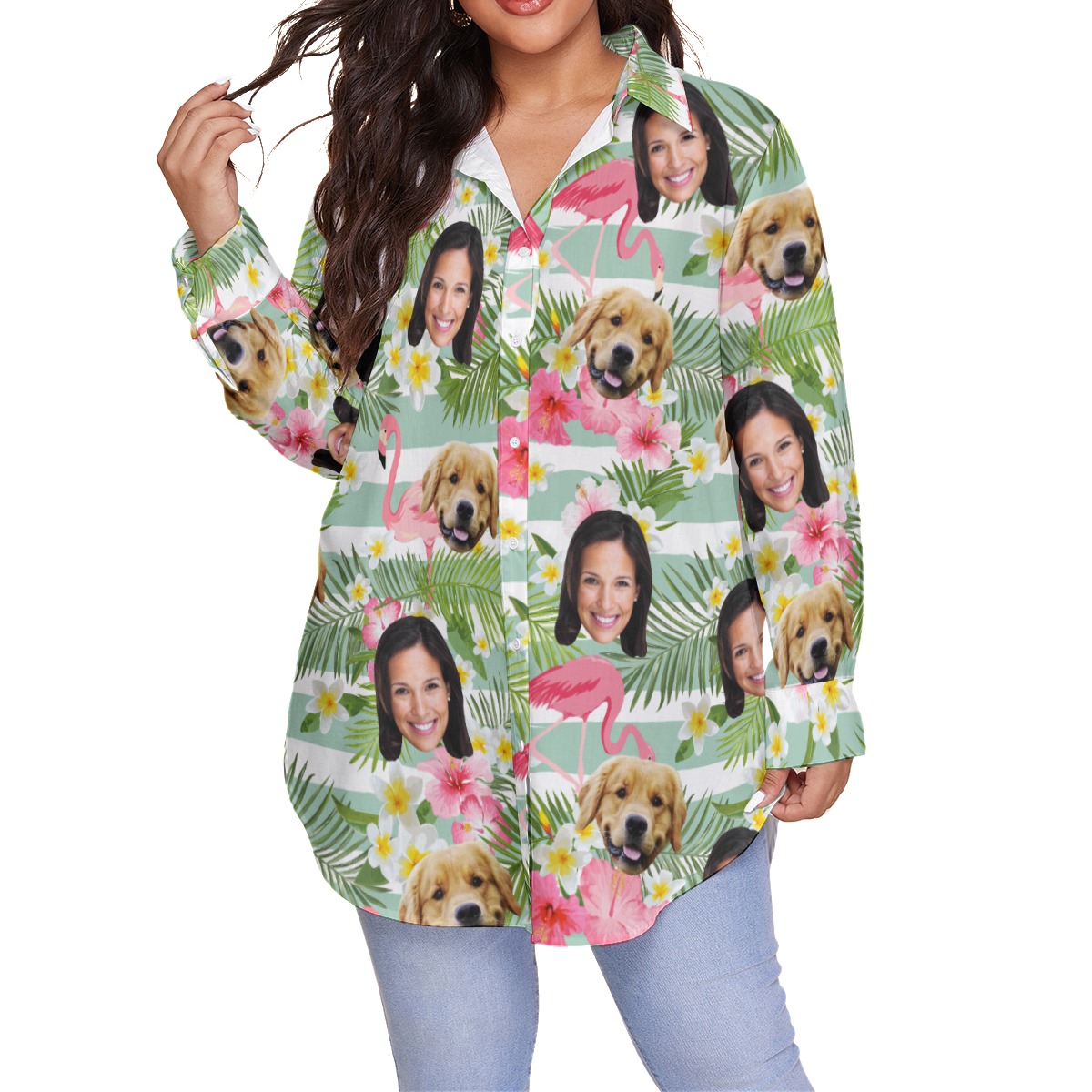 Women's Custom Face And Dog Floral Oversized Hawaiian Shirt - variant image 1