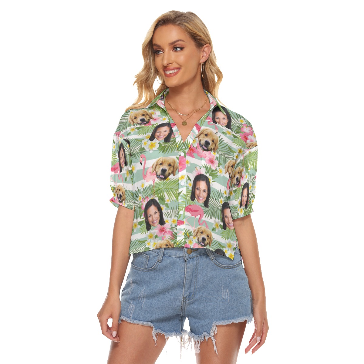 Custom Face And Your Dog Hawaiian Crop Top Shirt - variant image 1