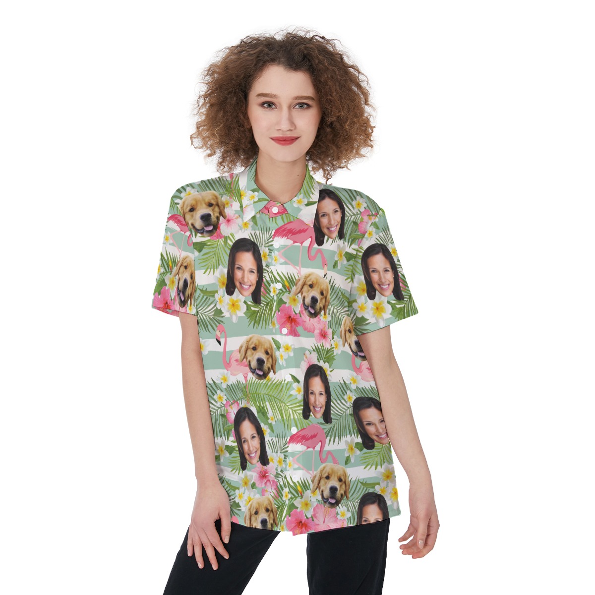 Women's Custom Pet And Owner Face Flamingo Hawaiian Shirt - variant image 1