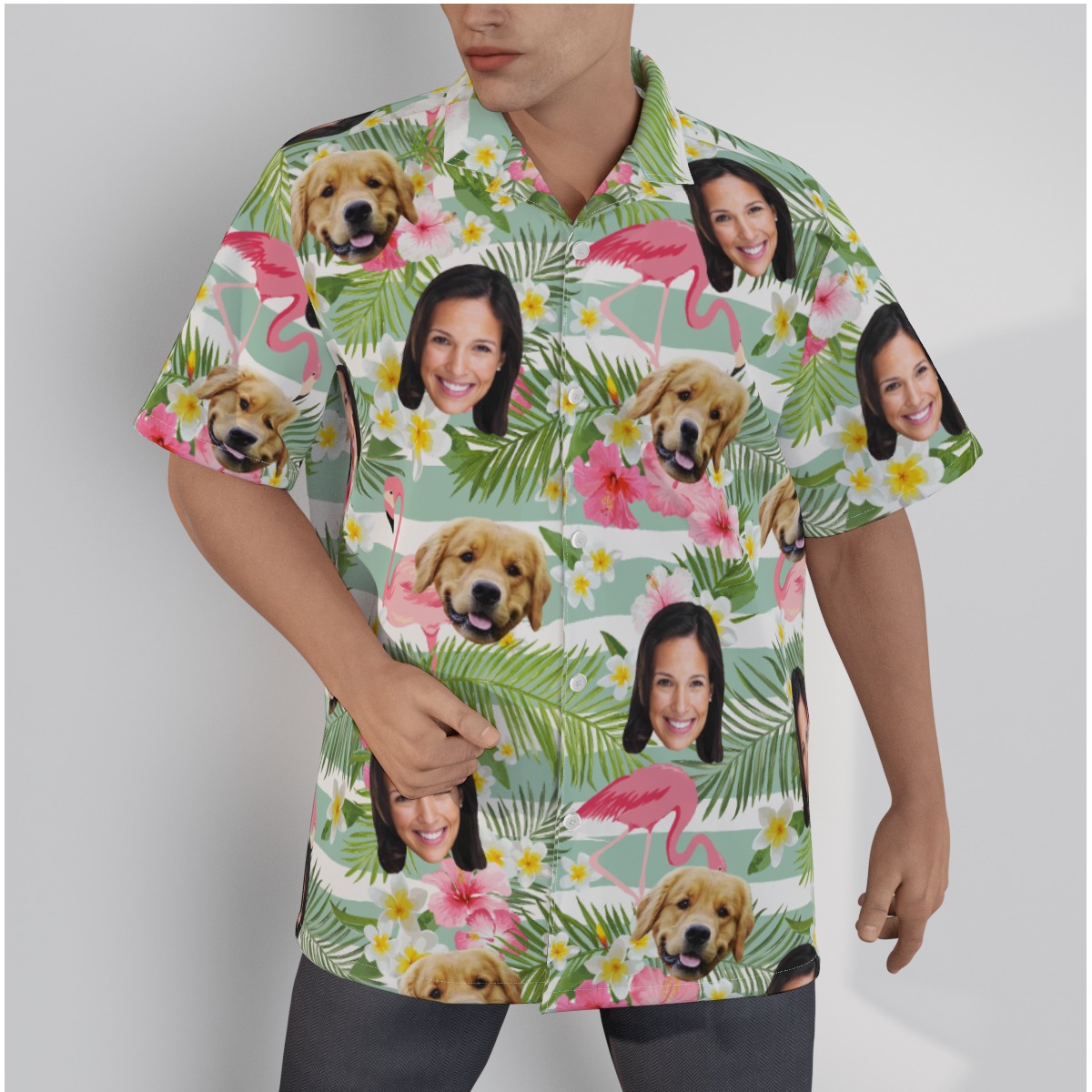 Custom Face And Dog Flamingo Hawaiian Shirt For Men - variant image 1