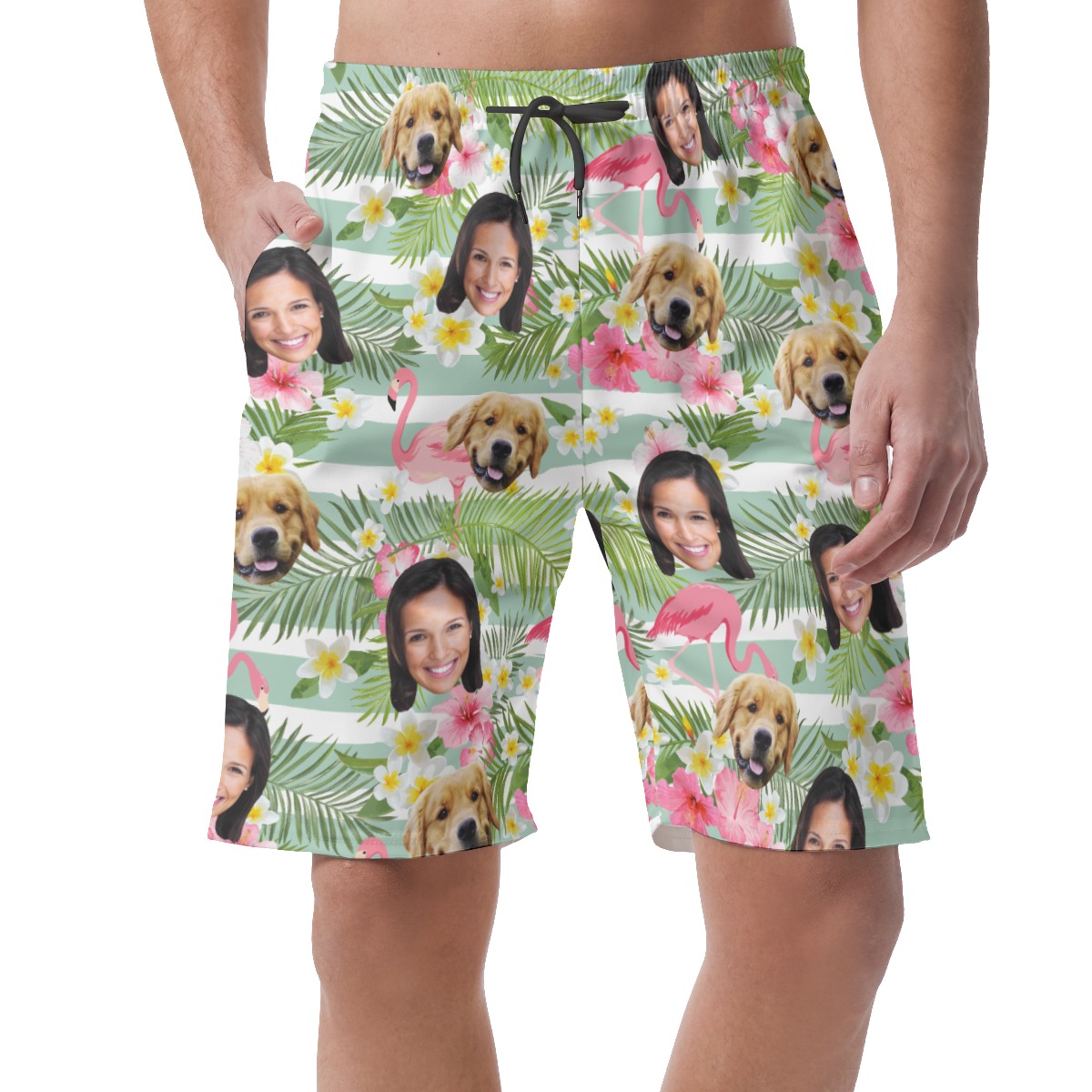 Men's Custom Dog And Owner Face Flamingo Hawaiian Shorts - variant image 1
