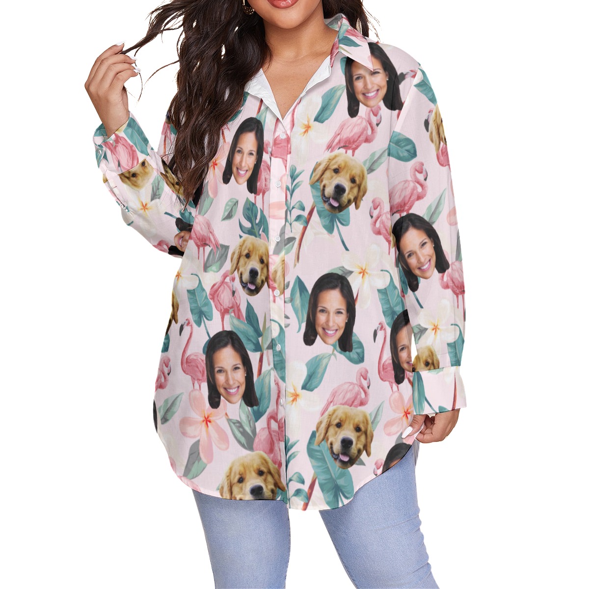 Women's Custom Face And Dog Oversized Hawaiian Shirt - variant image 1