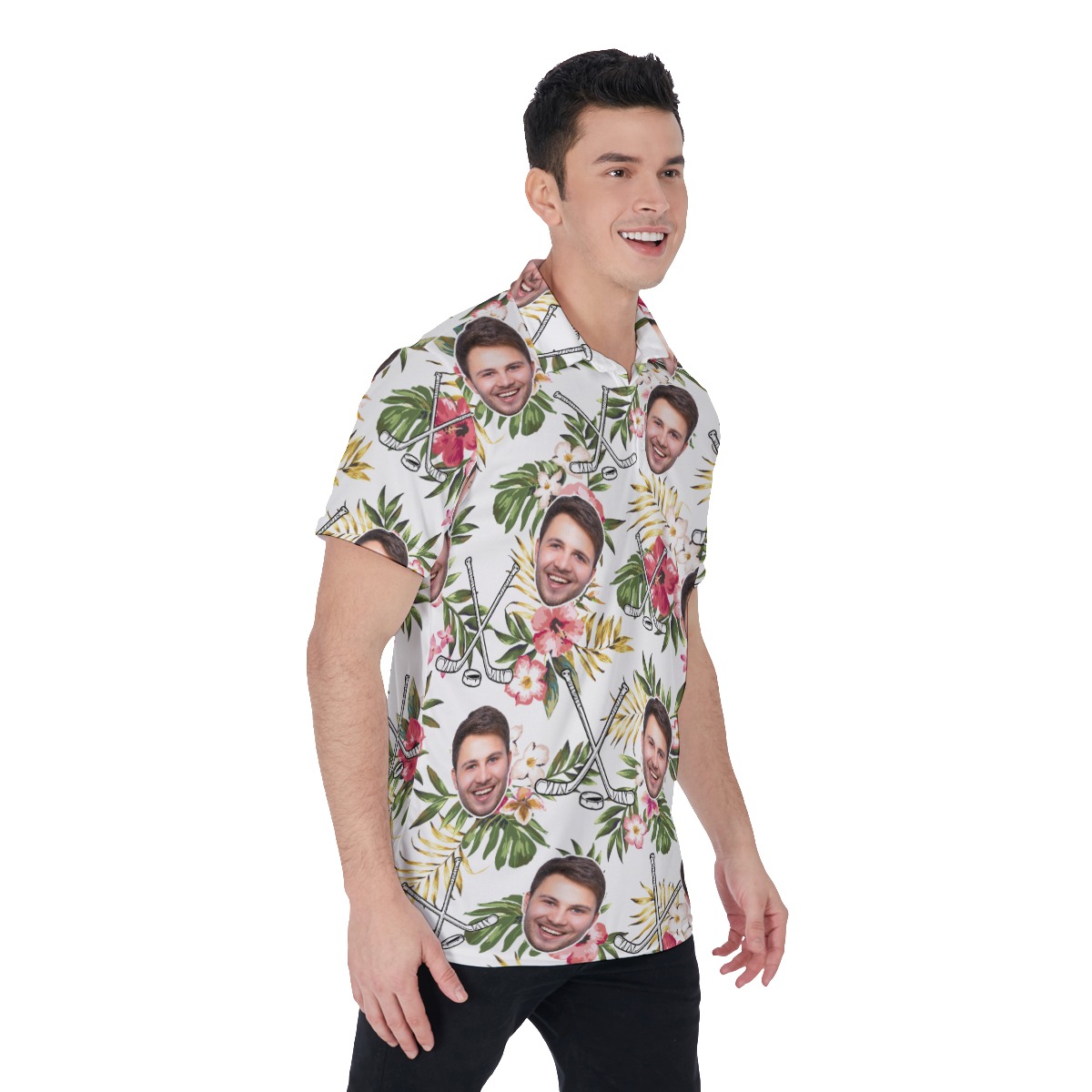 Custom Face Floral Hockey Hawaiian Polo Shirt