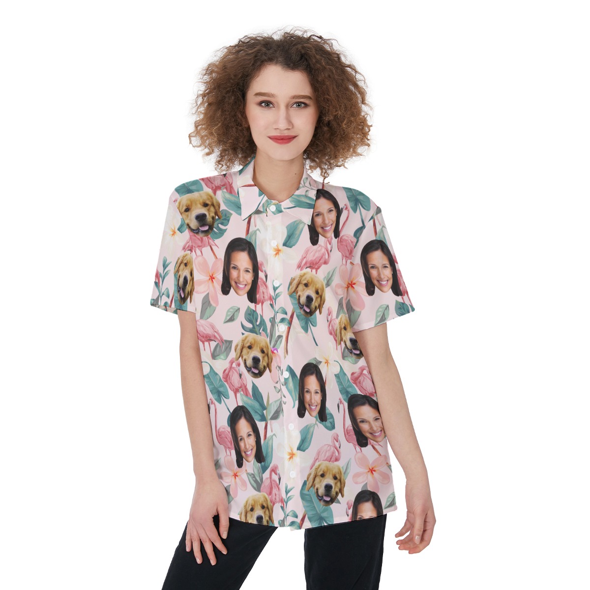 Custom Pet And Owner Face Flamingo Hawaiian Shirt For Women - variant image 1
