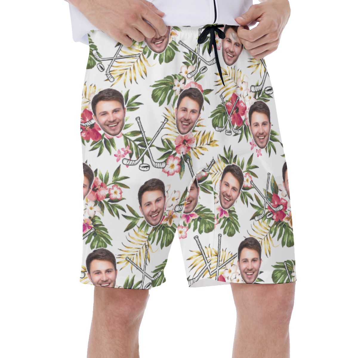 Funny Custom Face Floral Hockey Hawaiian Swim Trunks For Men