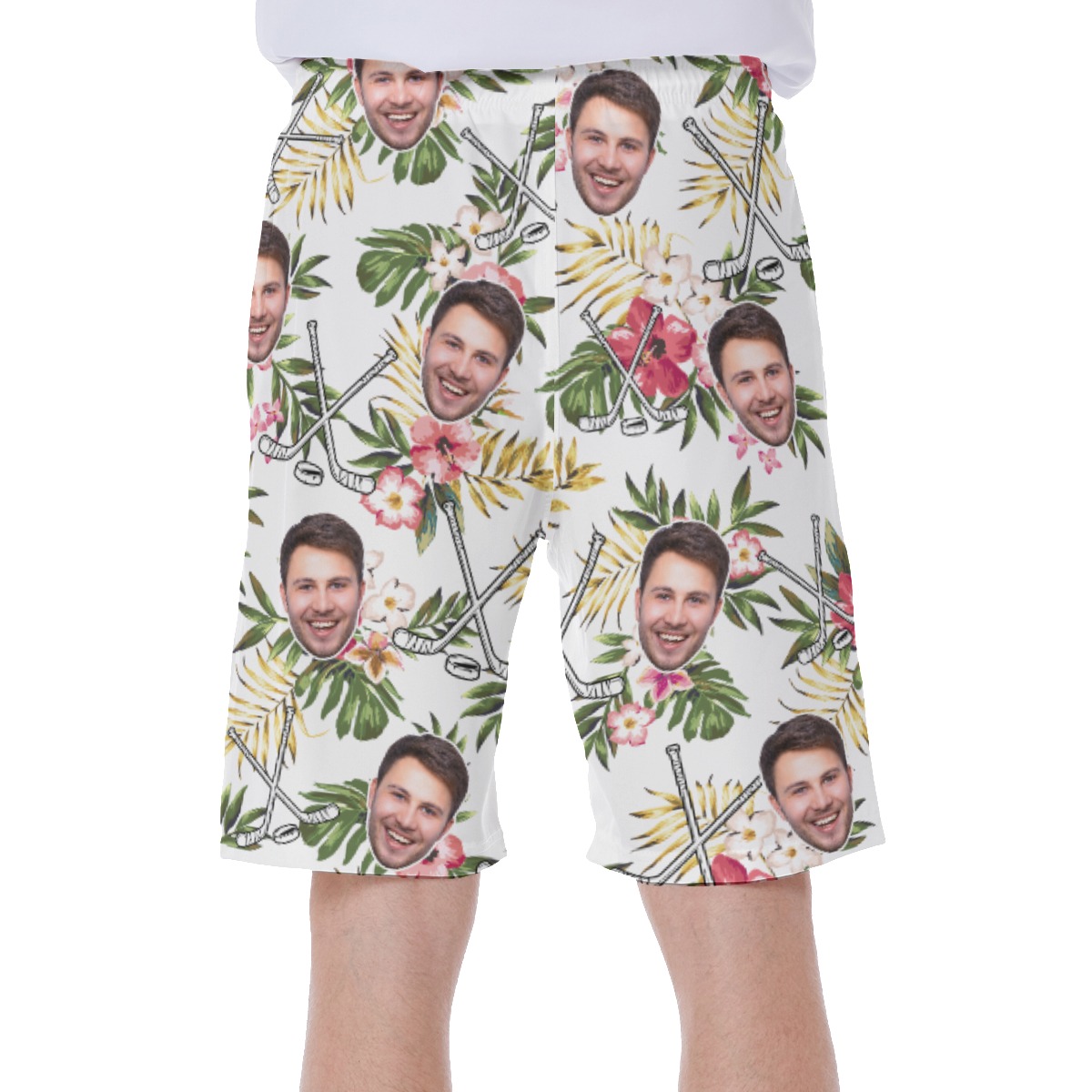 Funny Custom Face Floral Hockey Hawaiian Swim Trunks For Men