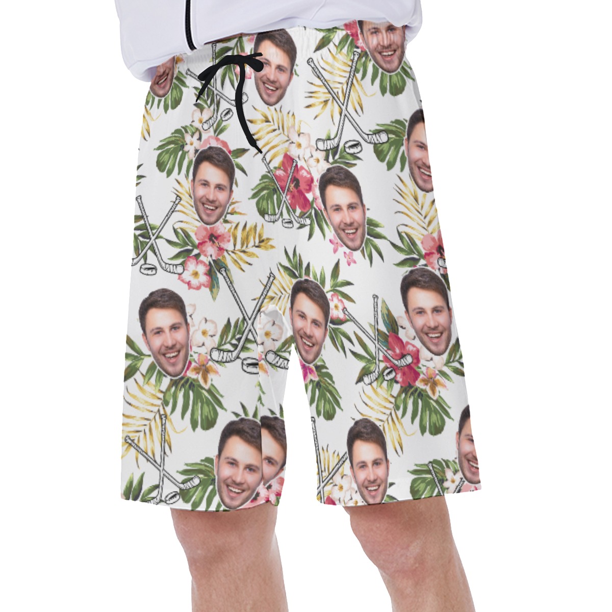 Funny Custom Face Floral Hockey Hawaiian Swim Trunks For Men