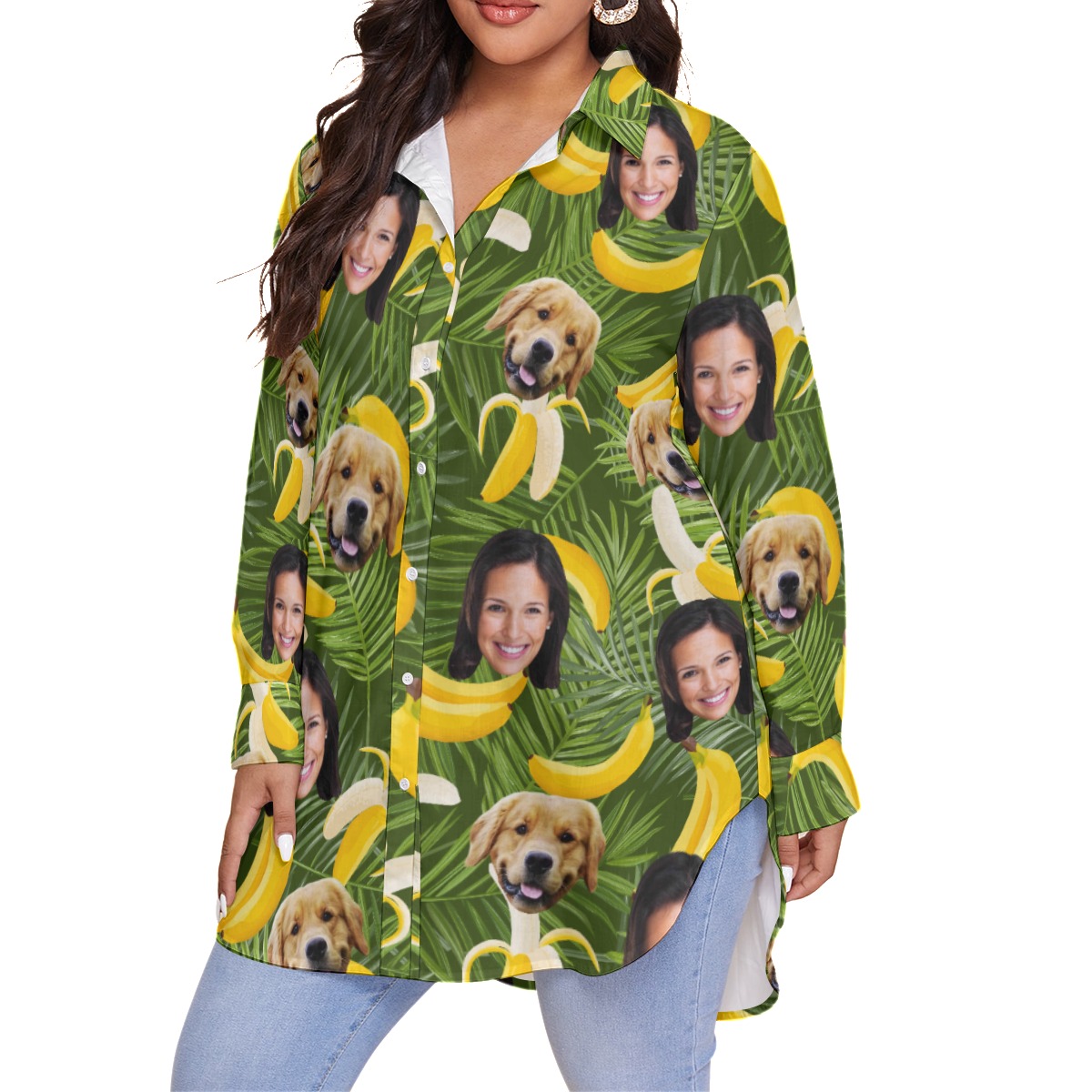 Women's Custom Face And Dog Banana Oversized Hawaiian Shirt