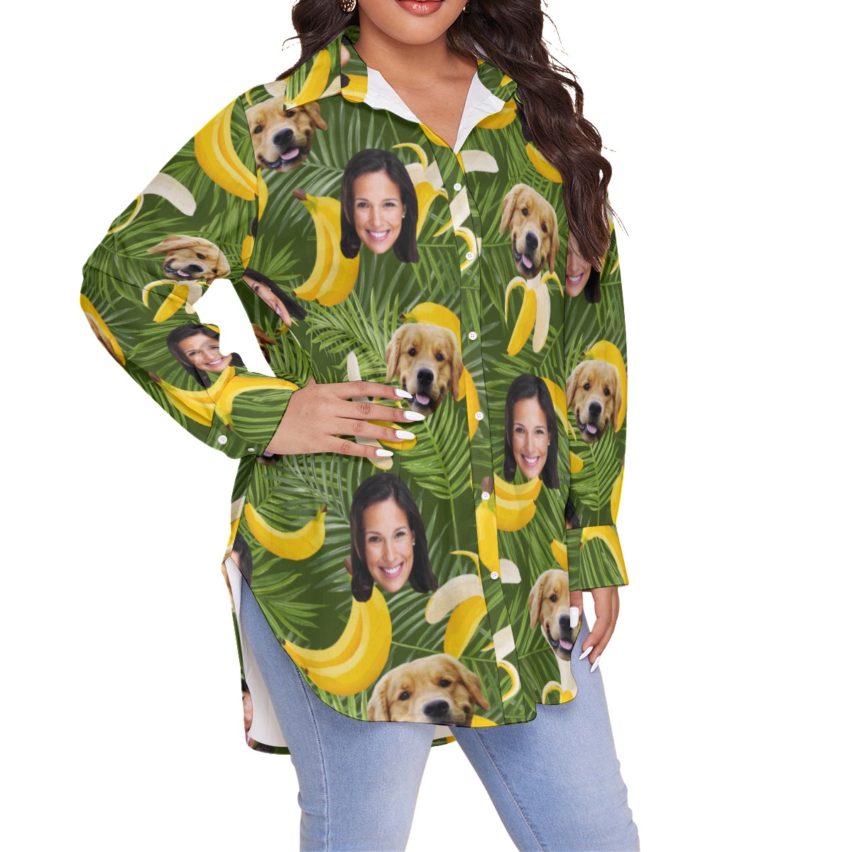 Women's Custom Face And Dog Banana Oversized Hawaiian Shirt