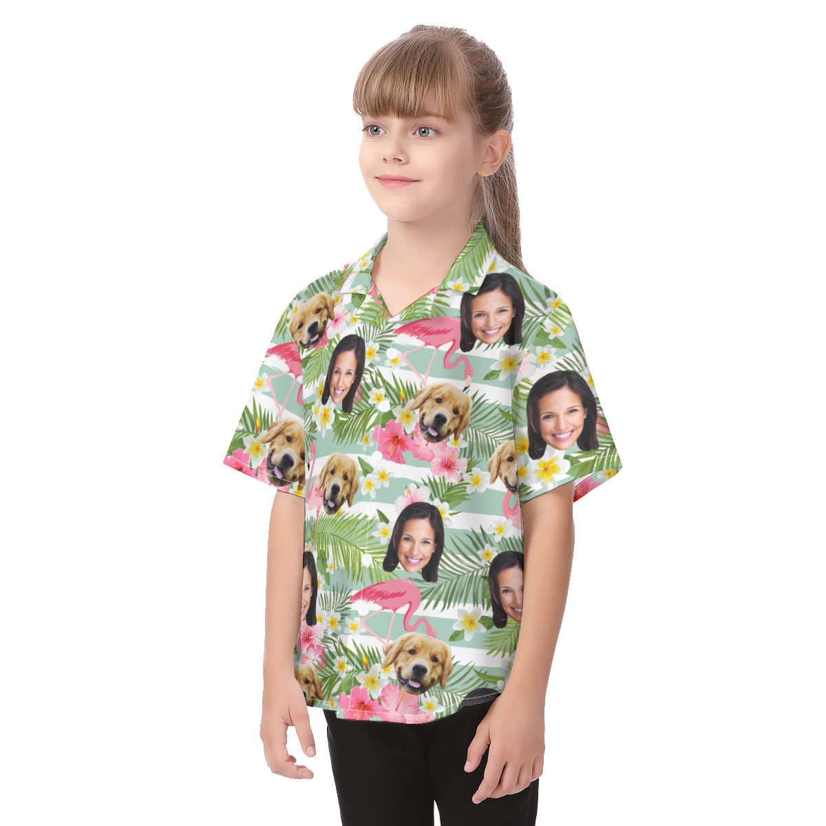 Custom Face And Pet Flamigo Hawaiian Shirt For Kids